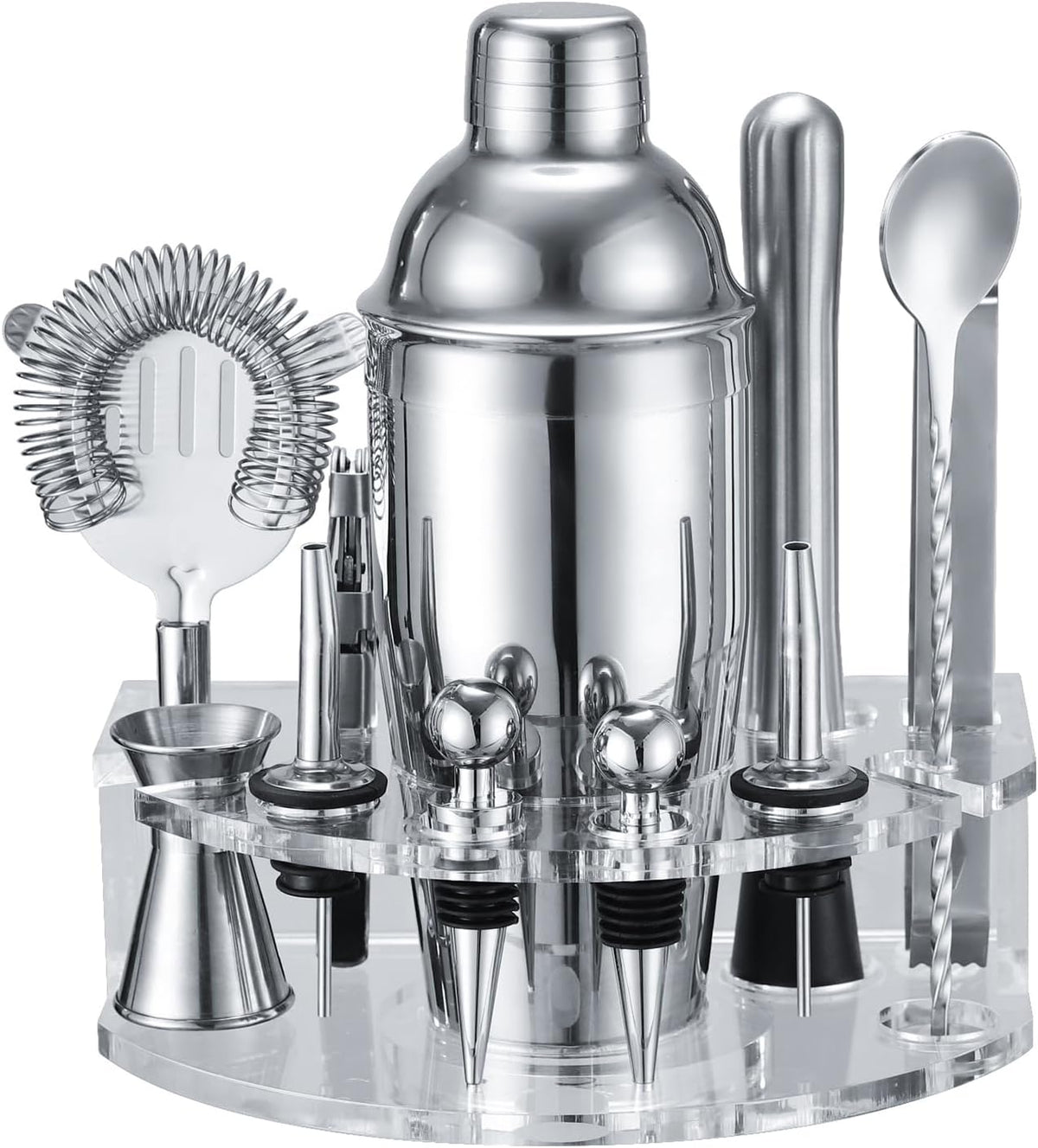Bartender Kit Cocktail Shaker Set, Stainless Steel Cocktail Kit with 12 Piece Bar Accessories, 25oz Shaker Bar Set Drink Mixer Set with Stand Jigger Strainer Spoon Muddler for Cocktails (Silver)