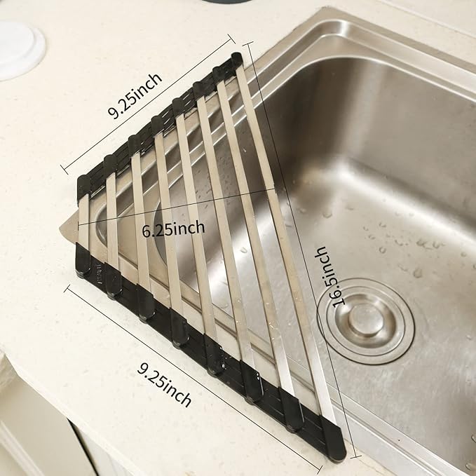 Triangle Dish Drying Rack for Sink Corner Roll Up Dish Drying Rack Folding Stainless Steel Multipurpose Over the Sink Corner Dish Drainer Mat for Kitchen (Hard and Stable Black)