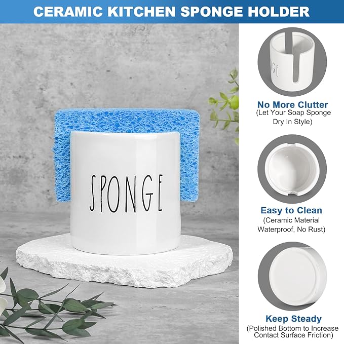Dish Soap Dispenser for Kitchen, Ceramic Dish Soap Dispenser with Sponge Holder, White Dispenser Set with Tray, 3 in 1 Countertop Sink Organizer, Farmhouse Modern Kitchen Decor