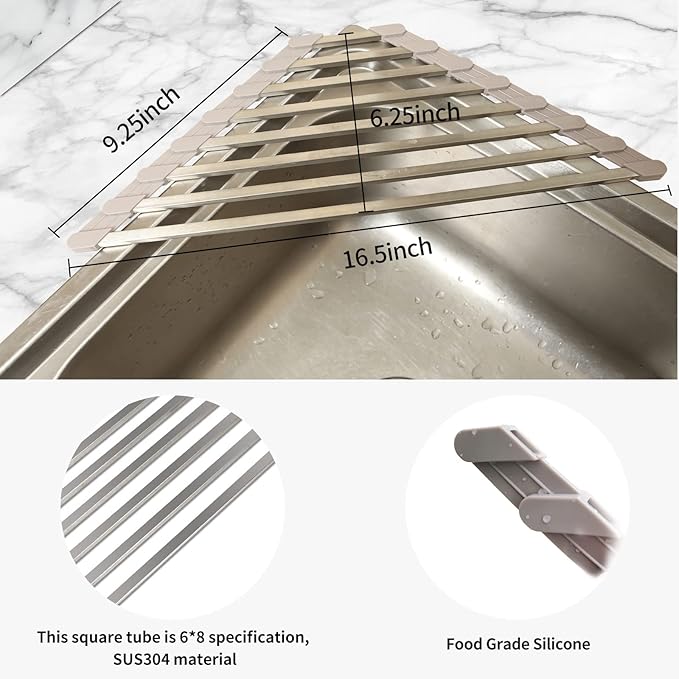 Triangle Dish Drying Rack for Sink Corner Roll Up Dish Drying Rack Folding Stainless Steel Multipurpose Over The Sink Corner Dish Drainer Mat for Kitchen (Hard and Stable Grey)