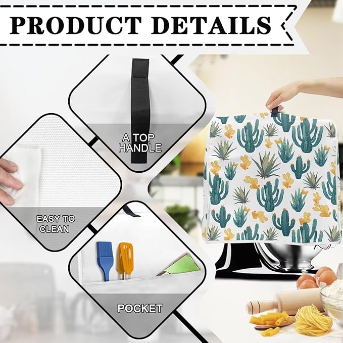 Green Cactus Pattern Mixer Dust Cover Universal Fit 6-8 Qt, Anti-Fingerprint & Easy Clean Cover with Handle & Accessory Pocket, Modern Kitchen Counter Decor Housewarming Gifts