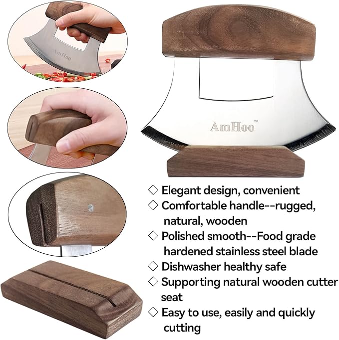 AmHoo Pizza Cutter Chef Mezzaluna Ulu Knife Handle Walnut Wood Grip Sharp Rocker Slicer Stainless Steel Blade Salad Onion Vegetable Chopper with Holder Base Christmas Gifts
