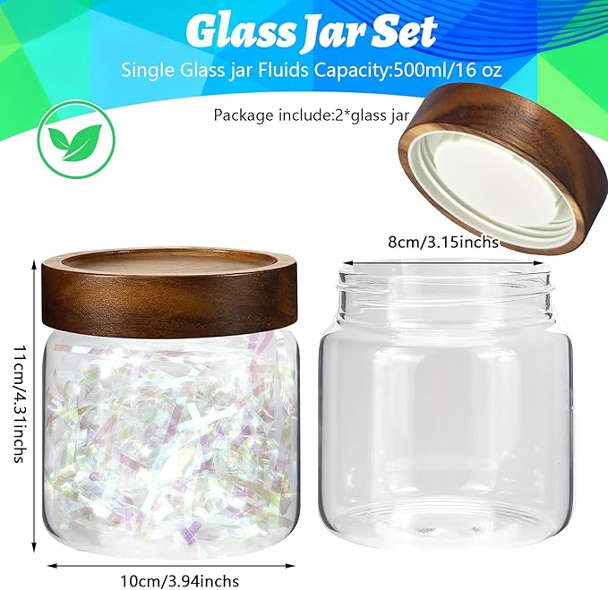 16 oz Glass Jars with Acacia Wood Airtight Lids Spice Jar Herb Storage Canister with Wooden Lid Clear Glass Food Jar for Sugar Pantry Tea Coffee Bean Spice Cookies (500ml/16oz-2pack)