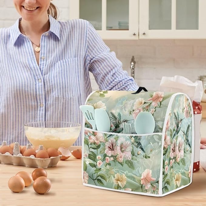 Floral Hummingbird Foldable Portable Mixer Cover | Dust Protector with Handle & Pocket | 6-8 Quart Kitchen Appliance Protector for Home Decor