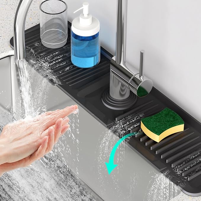 24 Inch Longer Faucet Mat for Kitchen Sink, 5° Slope Fast Self-draining, Kitchen Sink Splash Guard Silicone Sink Faucet Mat Splash Guard Kitchen Sink Area Tidy Splash Faucet Guard Draining Mat