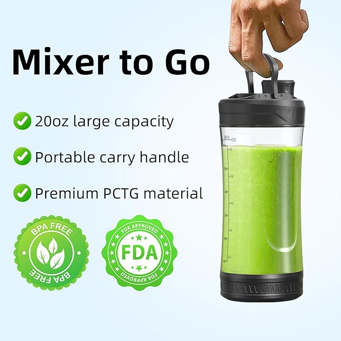 DENOKIN Portable Blender Cordless, 20oz Vessel Personal Blender for Shakes & Smoothies with On Go Lid & Sip Lid, Small Mixer for Kitchen, Home, Travel