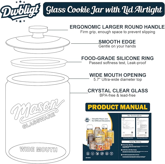 2 Pack 1 Gallon Glass Cookie Jar with Lid, Glass Canisters for Pantry Organizers & Storage, Wide Mouth Mason Jar for Flour Sugar, Sourdough Starter, Coffee, Dog Treat, Apothecary, Laundry Room