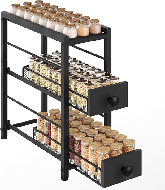 YATINEY Spice Rack, 3-Tier Pull Out Spice Rack Organizer for Countertop, Narrow Kitchen Countertop Storage Shelf with 2 Drawers, for Kitchen, Cafe, Black SR02BB