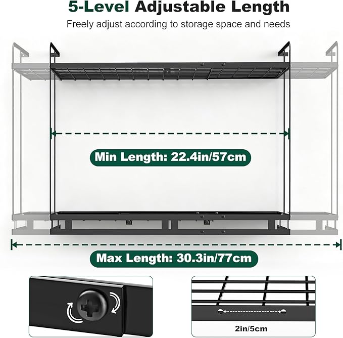 Housolution Pot Rack Wall Mounted, 22''-30'' Length Expandable, 3 Level Height Adjustable, 2 Tier Heavy Duty Hanging Cookware Pan Organizer with 12 Hooks and 8 Lid Holders