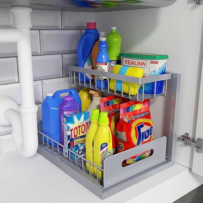REALINN Under Sink Organizer, Pull Out Cabinet Organizer 2 Tier Slide Out Sink Shelf Cabinet Storage Shelves, Storage for Kitchen Bathroom, Grey, 1 Pack