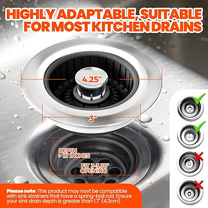 3 in 1 Kitchen Sink Drain Strainer & Sink Stopper Upgraded Stainless Steel Drain Plug with Anti-Clog Basket Drain Stopper Combo, Pop Up Sink Stopper for Standard 3-1/2'',Black
