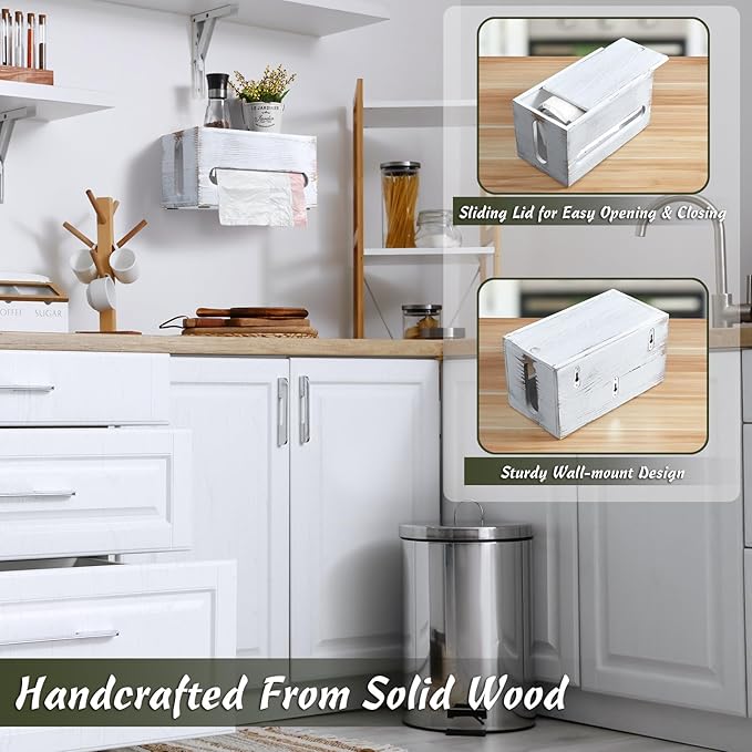 DRASTAR Trash Bag Dispenser, Wall Mount Wooden Trash Organizer , Countertop Trash Bag Roll Holder for 4-8 gallon , Retro White Kitchen Laundry Room Organization