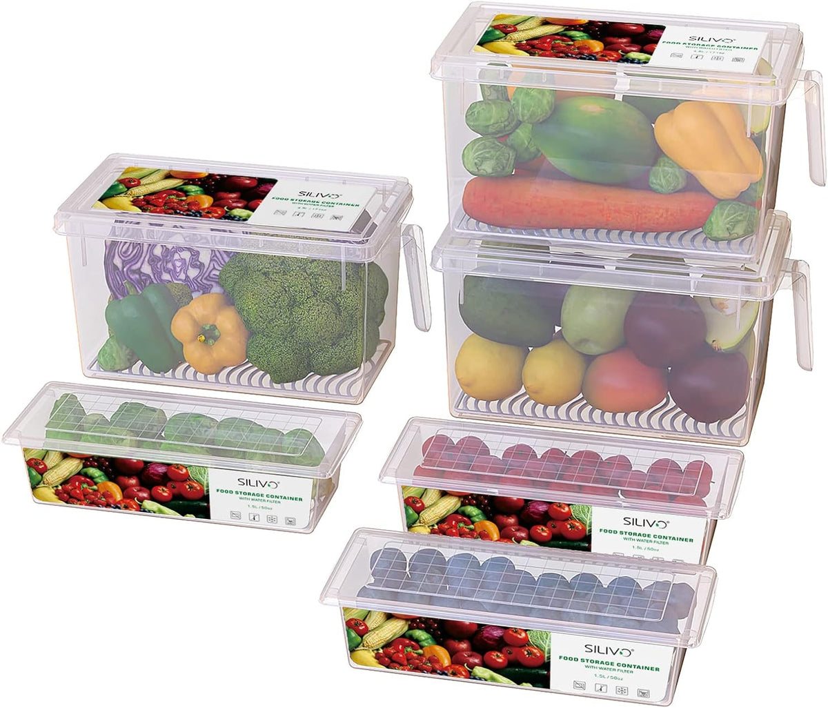 6 Pack Produce Saver Refrigerator Organizer Bins for Fruits and Vegetables- 3 Pack 1.5L + 3 Pack 4.5L