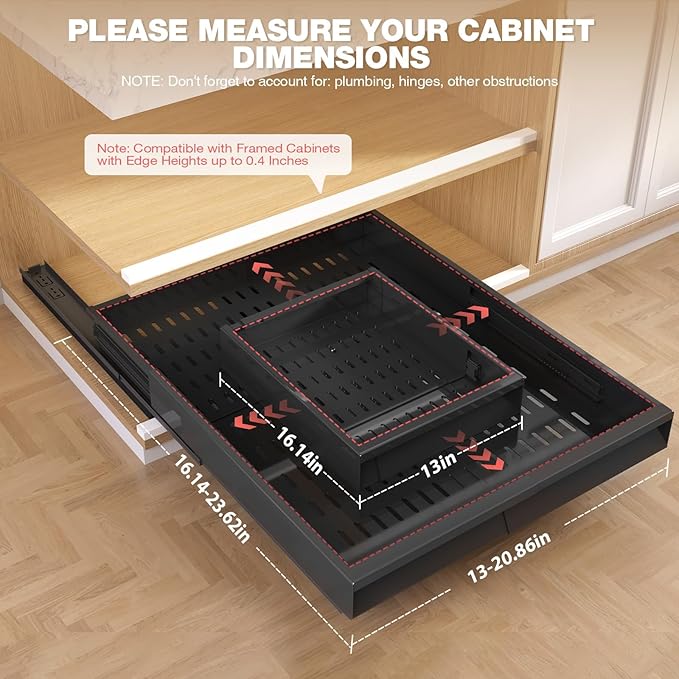 Seinloes Pull Out Cabinet Organizer, 4-Side Expandable to Fit Most Cabinets, 3 Rail Slide Out Drawers with Raising Pad for Framed & Frameless Cabinets, 13"-21" W x 17"-24" D, Black, 2 Pack