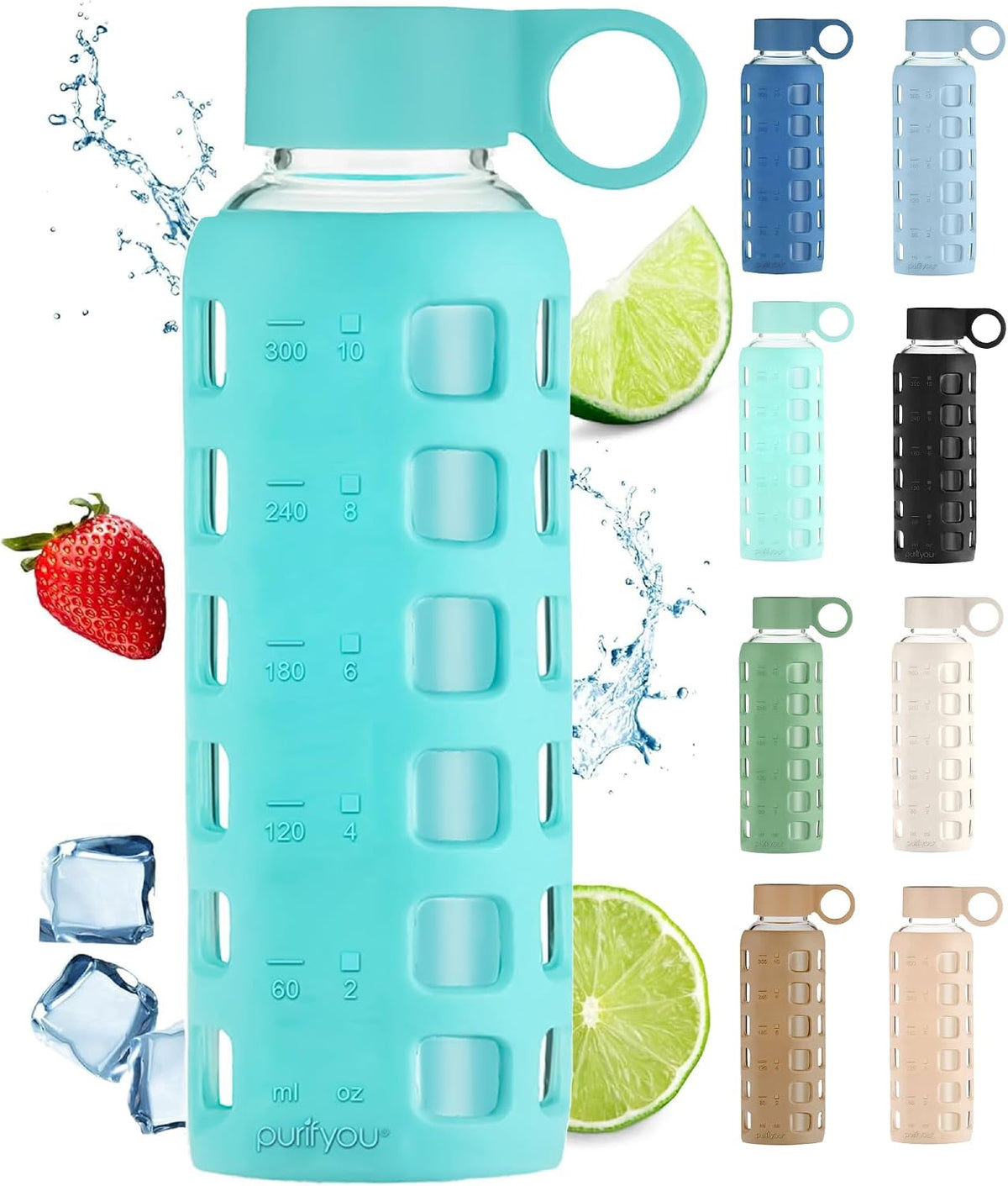 40oz / 32oz / 22oz / 12oz Borosilicate Glass Water Bottle with Time & Volume Markers, Silicone Sleeve, Stainless Steel Lid | Reusable Glass Bottle for Water & Juice