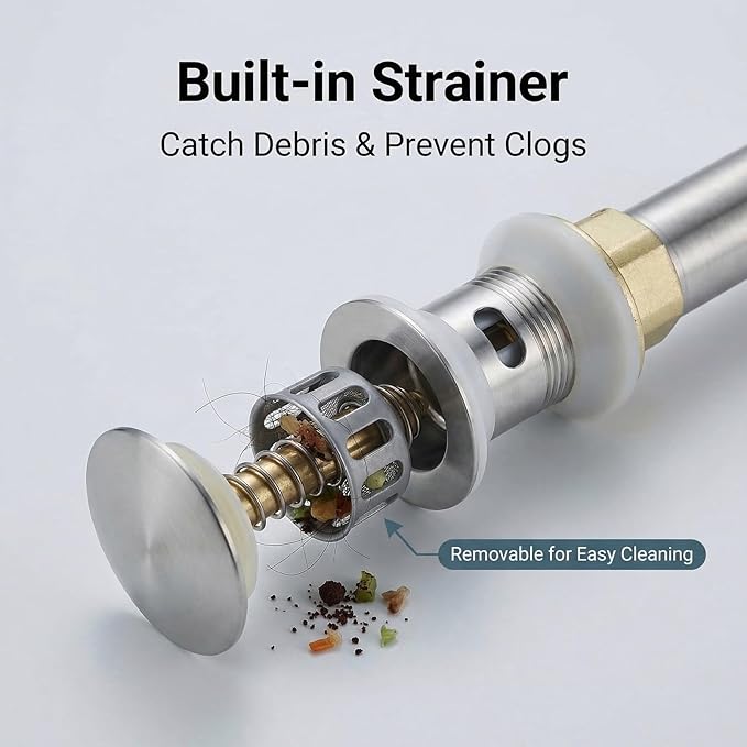 Bathroom Sink Drain, Drain Stopper Bathroom Sink with Overflow, Assembly with Detachable Strainer Basket, Built in Anti Clogging Pop Up Drain Strainer, Stainless Steel Brushed Nickel 1Pcs