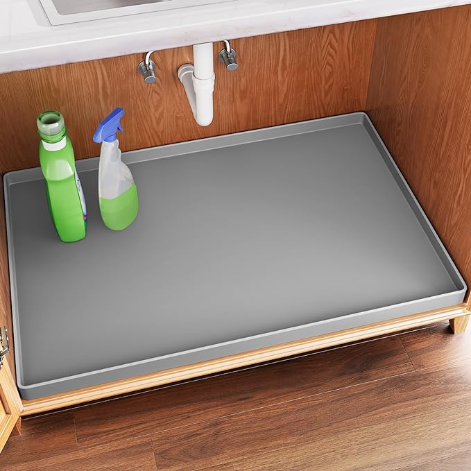 FLATO Waterproof Under Sink Mat 34" x 22" Shelf Liner for Kitchen and Bathroom, Cabinet Protector, Organizers and Storage, Flexible Silicone Drip Tray