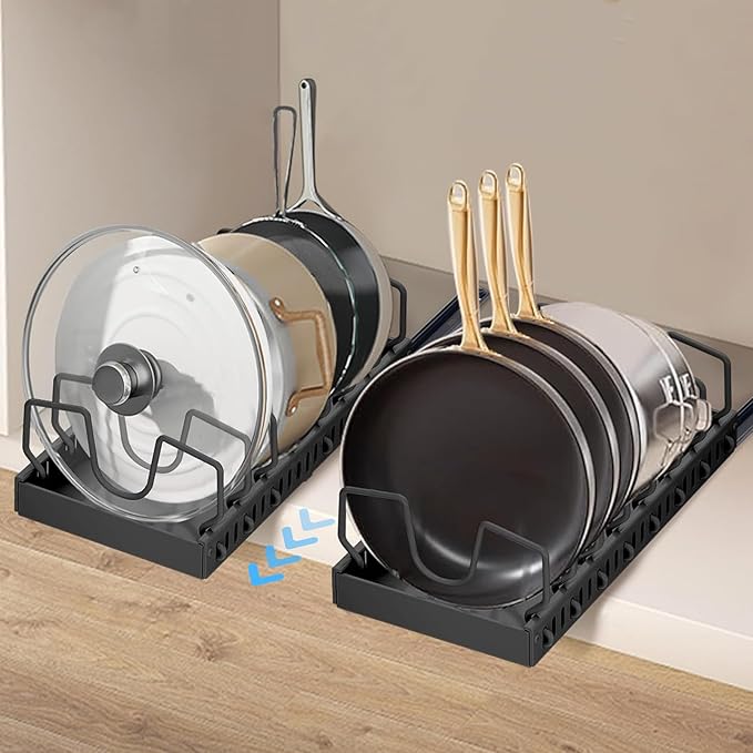 XIAPIA 2 Pack Pull Out Pots and Pans Organizer Under Kitchen Cabinet, Pot Lid Organizers, Slide Out Cookware Storage Rack with 8 Adjustable Dividers, Pull Out Shelves for Dishware Seasoning, Black