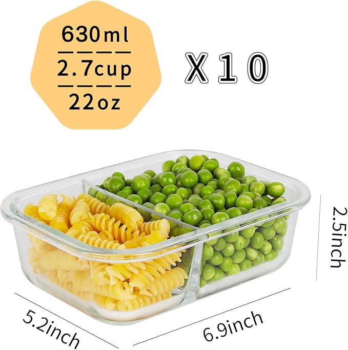 Bayco 10 Pack Glass Meal Prep Containers 2 Compartment, Glass Food Storage Containers with Lids, Airtight Lunch Bento Boxes, Leak Proof (10 lids & 10 Containers)