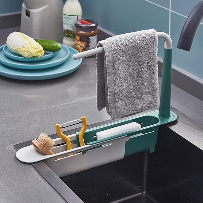 Telescopic Sink Rack, Humanized Design Telescopic Sink Storage Rack Pulling for Home for Kitchen (Green)