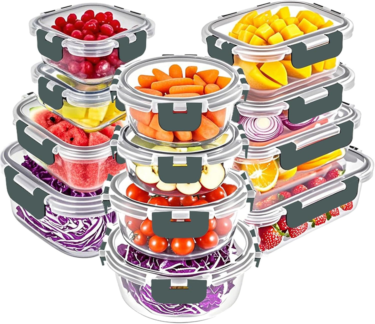 12 Packs Glass Food Storage Containers Set with Lids, Grey
