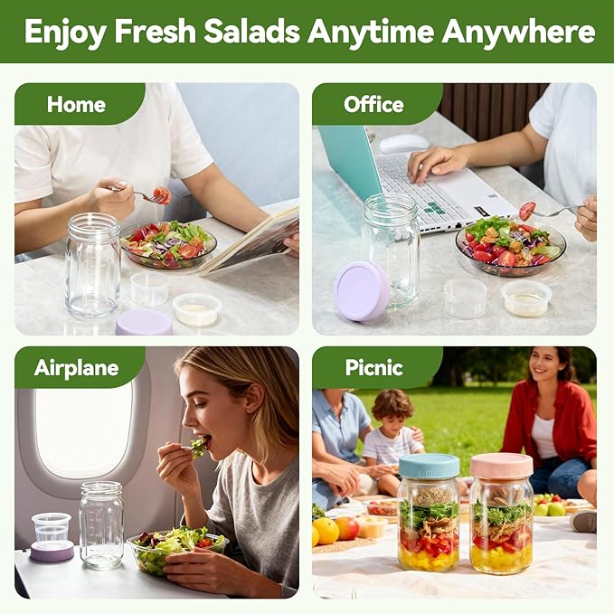 4 Pack Glass Salad Pod Mason Jar with Dressing Cup, 32 oz Salad Container to Go with Lids Meal Food Prep for Adults Lunch, Large Travel Mason Jar Bowl with 2 Insert Dressing & Topping Holder