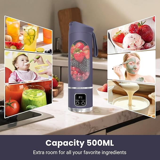 Portable Blender, USB Personal Juicer for Shakes and Smoothies, 500ML Rechargeable with 12 Blades, Mini Electric Mixer for Travel Home Office (Purple)