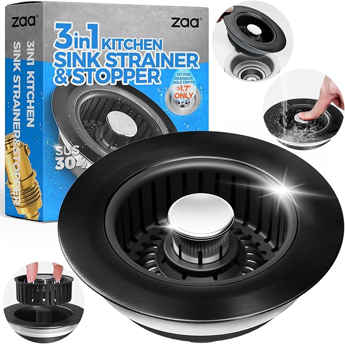 Sink Drain Strainer - Brushed Black Kitchen Sink Stopper, 3 in 1 Stainless Steel Pop-Up Drain Plug with Anti-Clog Basket, Matte Black Cover Fits Standard 3-1/2" Kitchen Sink Drains