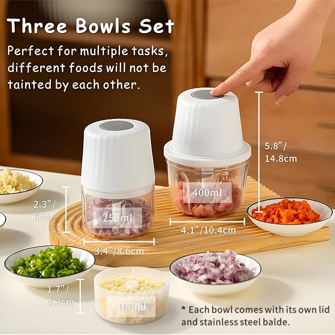 Mini Food Processor Cordless Set with Multiple 3*(400ml+250ml+100ml) Bowls＆ 6+3+2 Blades, Small Garlic Chopper Mincer, USB Rechargeable Battery Vegetable Chopper,Wireless Electric Meat Blender Grinder