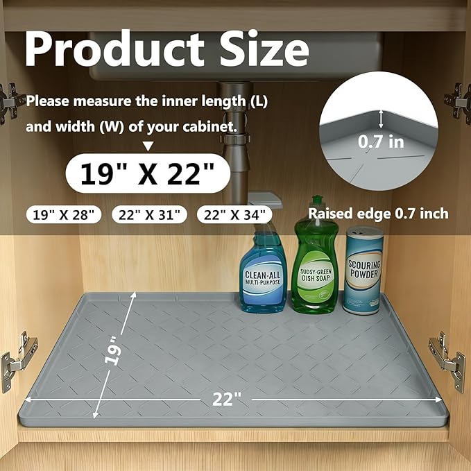 Mateeylife Under Sink Mats for Kitchen Waterproof 22"X19", Undersink Protectors，Silicone Mat Cabinet Liner, Under Sink Organizer for Bathroom and Kitchen，Boot Tray Pet Food Mat, Light Grey