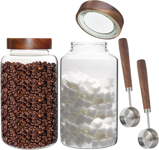 Glass Coffee Jars Spice Jar Round Storage Canister with Wooden Lid Clear Glass
