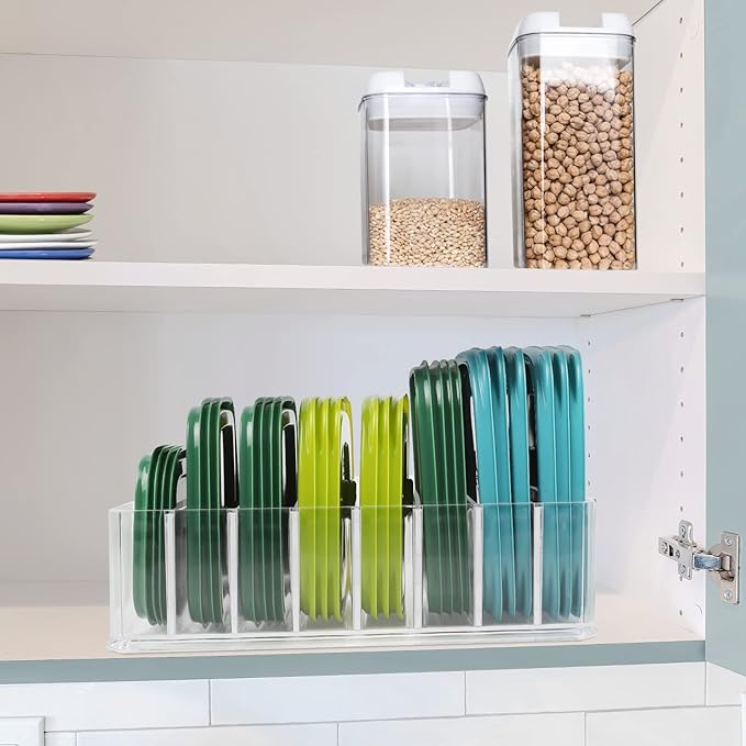 Bawuie Lid Organizer for Food Storage Container, Plastic Lid Holder with 7 Adjustable Dividers for Kitchen Pantry Cabinet and Drawer, Countertop Cupboard Lid Organization, Medium, Clear