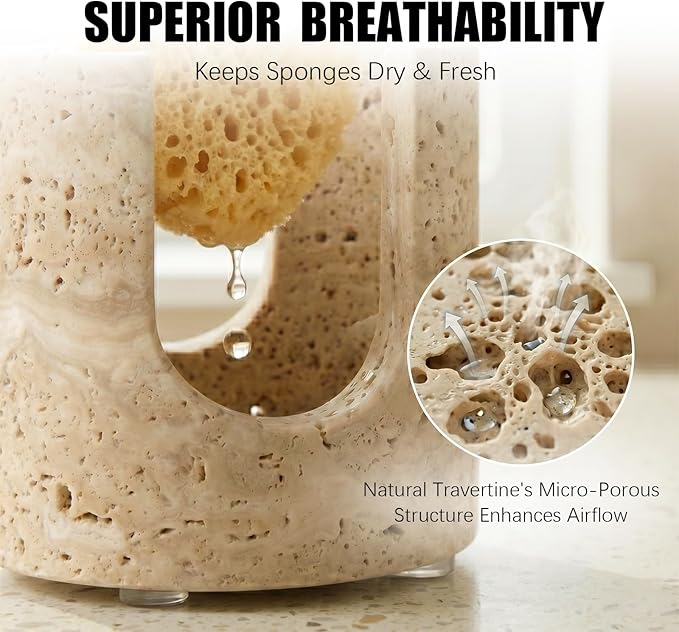 Natural Travertine Sponge Holder - Wabi-Sabi Stone Drying Rack for Kitchen Sink & Bathroom, Decorative Candle Tray, Flowers Organizer & Toothbrush Holder - Housewarming Gift, Home Decor