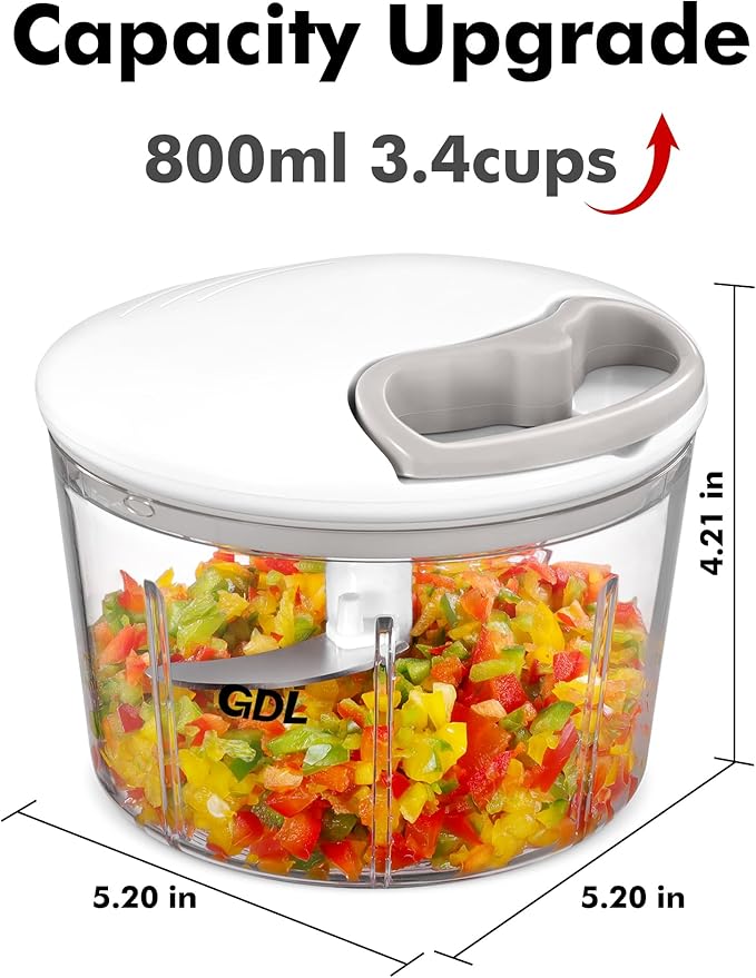GDL Food Chopper, Pull Onion Chopper Dicer, Hand Powered Food Chopper, Fast Cutting Hand Chopper Mincer for Oinon, Garlic, Nut, 3.4 Cups 0.8L, White