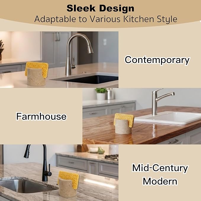 Natural Travertine Stone Sponge Holder, Compact Upright Sink Organizer for Kitchen & Bathroom Countertops, Porous Stone Design Supports Everyday Drying, Minimal Decor, Beige