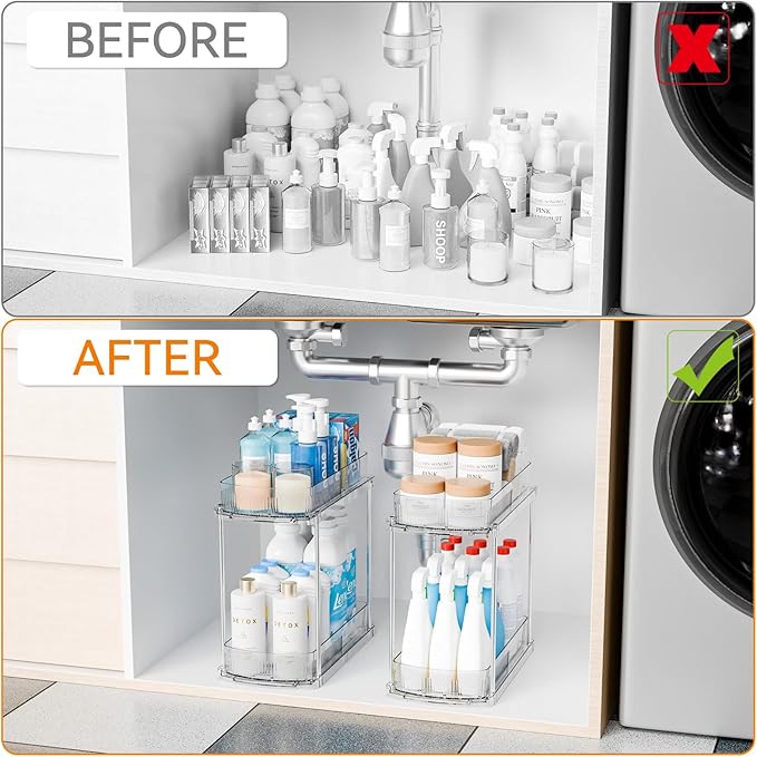 Yieach 2 Pack 13.8″ Deep 2 Tier Under Sink Storage Organizer,Large Pull Out Bathroom Organizers and Storage,Slide Out Acrylic Undersink Storage Shelf,Kitchen Under Sink Organizer for Cleaning Products