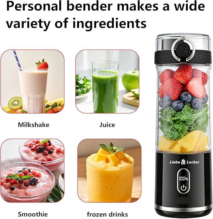 Liebe&Lecker Portable Blender, Cordless 17 Oz Vessel, Personal Blender for Shakes and Smoothies, BPA Free, Leak-proof Lid, USB-C Rechargeable Personal Size Blenders for Kitchen Offic Gym