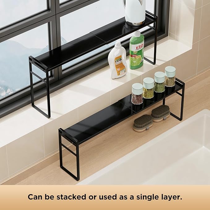 2 Tier Expandable Stackable Narrow Shelf Organizer, Tall Countertop Organizer for Tight Spaces, Windowsill Plant Stand, Over-Sink/Faucet Shelf, Kitchen Storage, Bathroom Vanity, Laundry Room (Black)