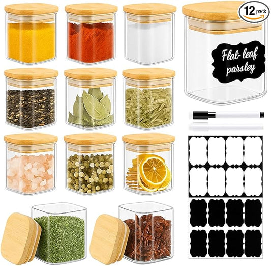 TBWIND 12 Pack 4 oz Square Glass Spice Jars with Lids and Labels – Airtight Small Seasoning Containers Set, Clear Glass Storage Jars for Seasoning, Spices, Kitchen Pantry Organization