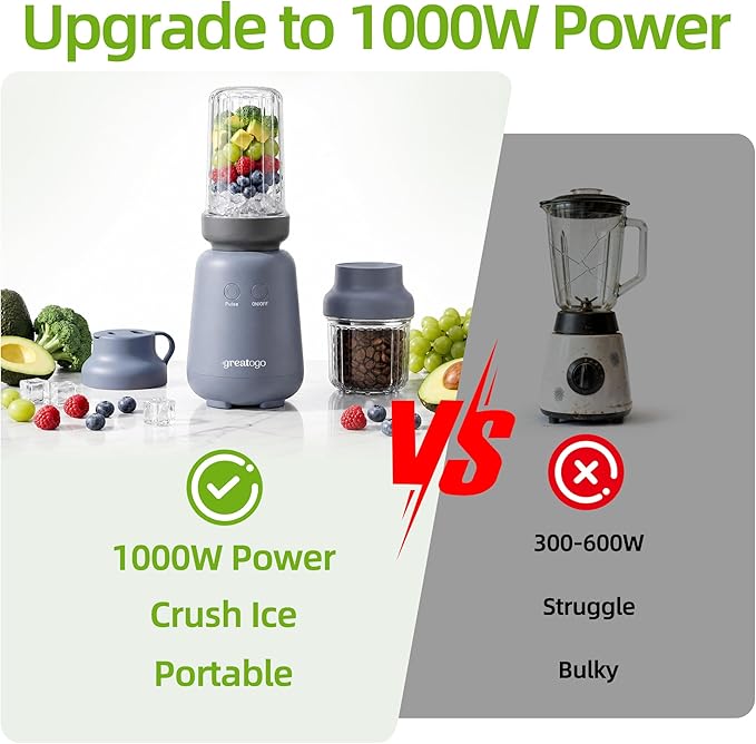 1000W 6-Blade Single-Serve Blender Exclusive Blender 28/14oz Tritan Blending Cup, Make milkshakes, salad dressings, sauces, crush ice, and blend frozen fruits