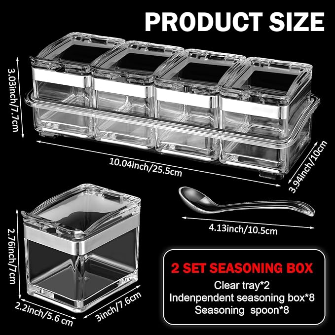 2 Set Acrylic Seasoning Organizer Box 10 x 4 x 3.2 in 8 Clear Seasoning Rack Spice Pot Condiment Container with Lid and Spoon Storage Container Spice Jar for Sugar Salt Kitchen Cooking Organizer