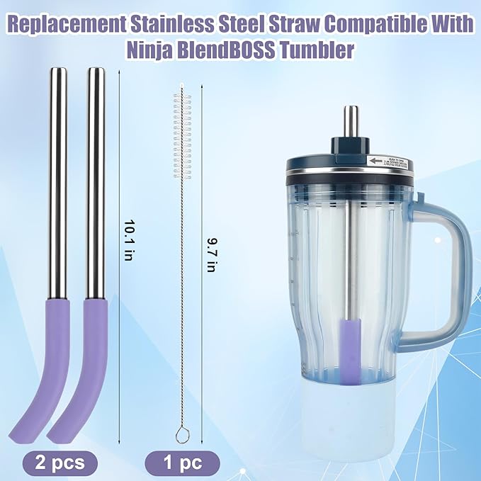 2Pcs Replacement Metal Straws for Ninja BlendBOSS, Reusable Stainless Steel Straw With Cleaning Brush, Compatible With Personal Smoothie Travel Tumbler Smoothies & Frozen Drinks Accessories Parts