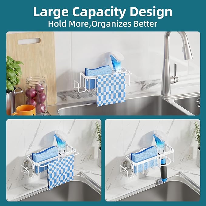 TAILI 4-in-1 Sink Caddy with Strong Suction Cup, Sponge Holder for Kitchen Sink Organizer, Removable, Rustproof, Stainless Steel Holder for Sponge, Brush, Scrubber, Scraper - White