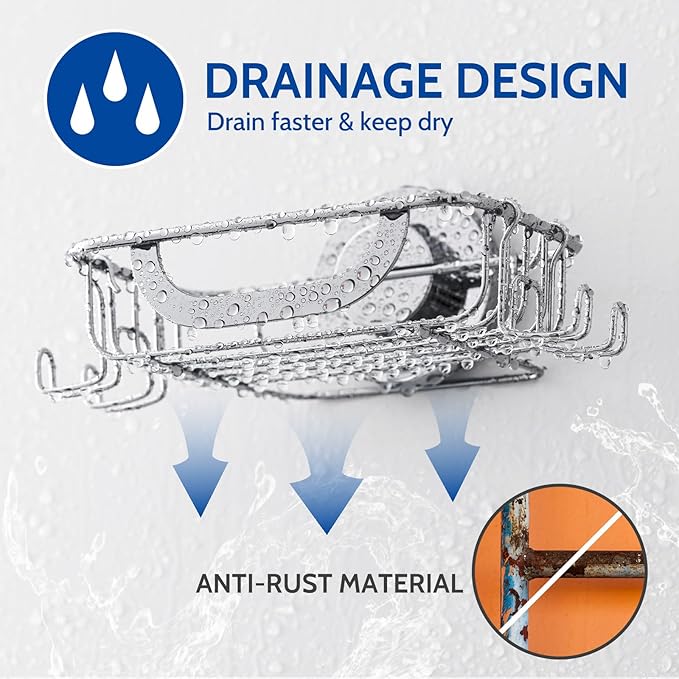Soap Dish, Soap Bar Holder for Shower Suction Cup with 4 Hooks Wall Mounted, Stainless Steel No-Drilling Removable Waterproof Sponge Holder for Bathroom Bathtub Kitchen Sink, Silver