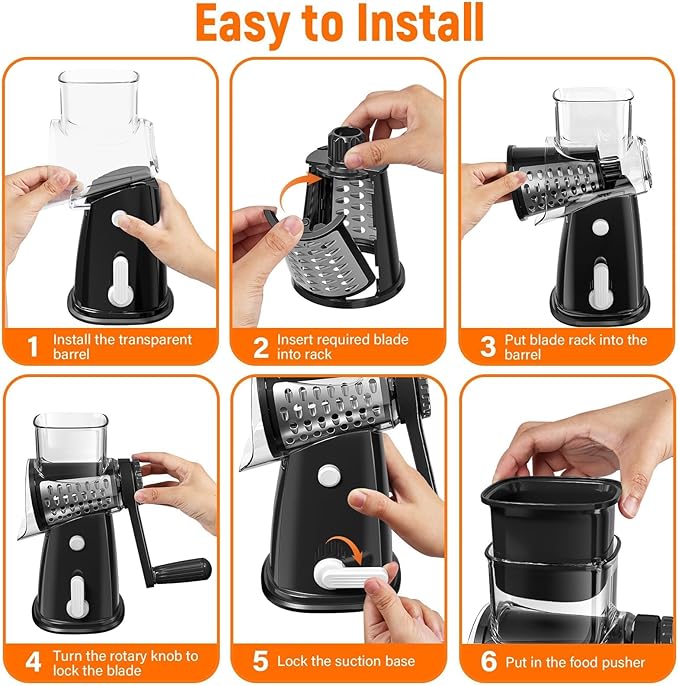 5 Blades Rotary Cheese Grater Hand Crank Vegetable Chopper Shredder Spiralizer Slicer Mandoline for Vegetable & Cheese & Fruit, Food Chopper for Kitchen with Blades Storage Box & Suction Base (Black)