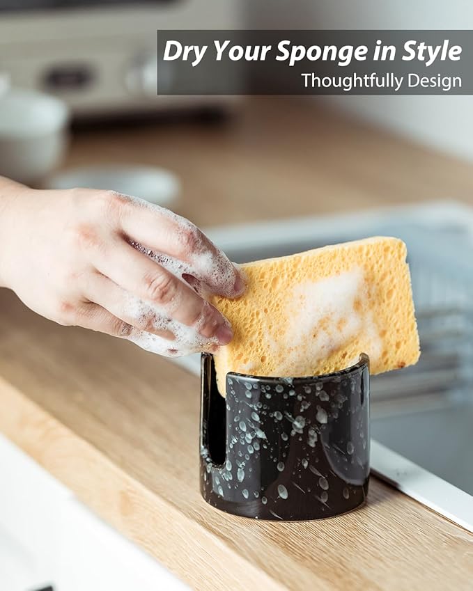 Zoeeker Sponge Holder for Kitchen, Ceramic Sink Caddy Scrub Sponge Rack Dish Rack Scrubbers Holder for Kitchen Sink, Bathroom, Black