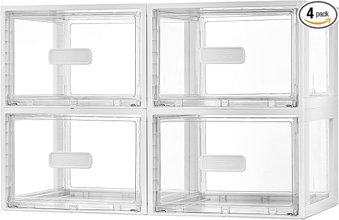 Vtopmart 4 Pack 18QT White Stackable Storage Drawers,Easily Assemble Closet Organizers,Plastic Storage Bins for Bathroom,Cabinet,Kitchen Pantry,Under Sink Organization(Medium)