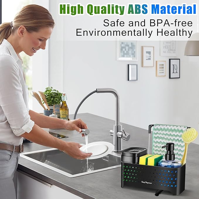 Kitchen Soap Dispenser Set, Sponge Holder for Kitchen Sink, Hand and Dish Soap Dispenser with Sink Caddy - 5-in-1 Design, Non-Slip Drainage Water Kitchen Sink Organizer (Black)