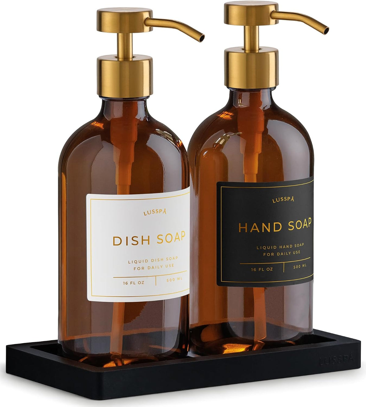 Glass Soap Dispenser Set of 2 (Amber) with Silicone Tray | Hand and Dish Soap Dispenser for Kitchen and Bathroom | 16.8 Oz Glass Bottles with Stainless Steel Pump & 15 Waterproof Labels (Amber/Gold)