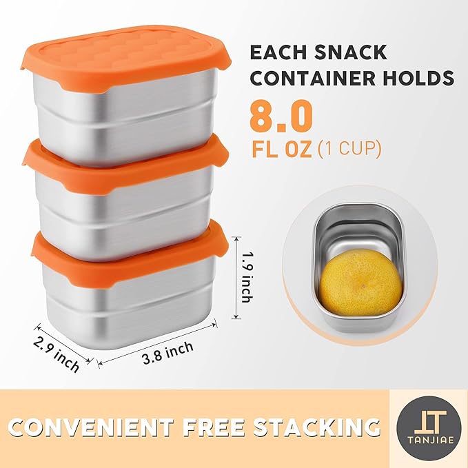 Tanjiae Small (1 CUP) Stainless Steel Snack Containers for Kids | Easy Open Leak Proof Food Containers with Silicone Lids - Perfect Metal Toddler Lunch Box for Daycare and School (8oz)